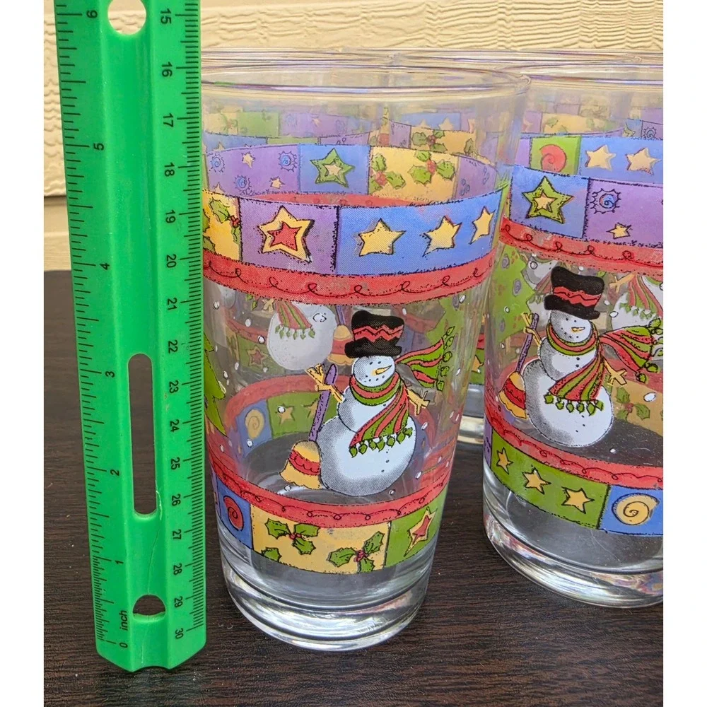 Sue Zipkin Snowman Christmas‎ Glass Tumblers Set of 12 Holiday Drinking Glasses